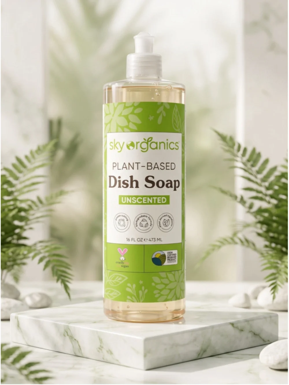 Sky Organics Plant-Based Vegan Unscented Dish Soap, 16 fl oz New